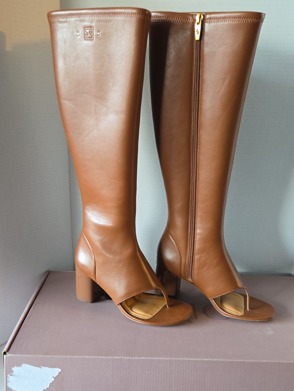NEW SARTO By Franco Sarto Tan Open-Toe Knee-High Leather Boots